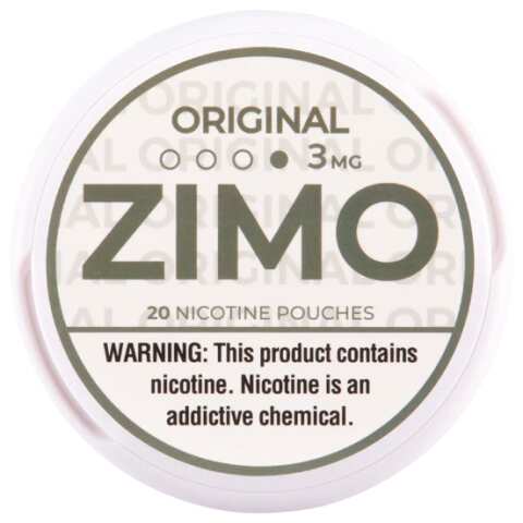 An Original ZIMO Nicotine Pouches can featuring minimal, classic branding and modern design. by Vape4Less.