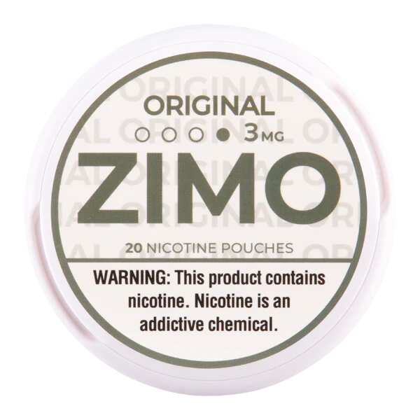 An Original ZIMO Nicotine Pouches can featuring minimal, classic branding and modern design. by Vape4Less.