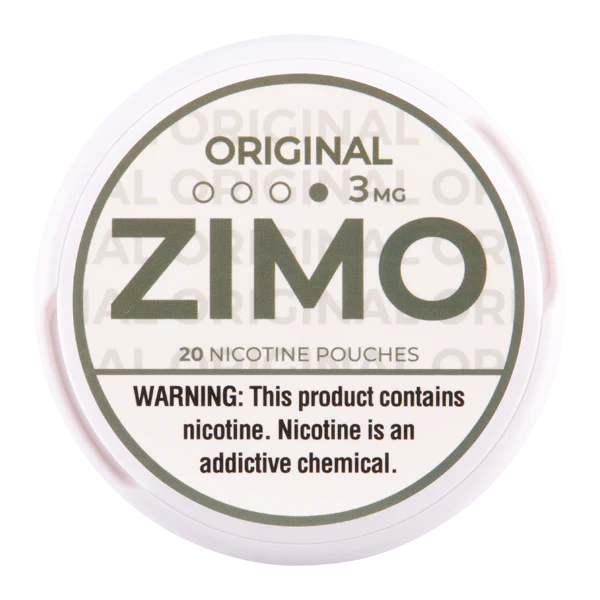 An Original ZIMO Nicotine Pouches can featuring minimal, classic branding and modern design. by Vape4Less.
