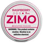 A Raspberry ZIMO Nicotine Pouches can featuring raspberry-themed branding and modern, vibrant design. by Vape4Less.