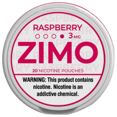 A Raspberry ZIMO Nicotine Pouches can featuring raspberry-themed branding and modern, vibrant design. by Vape4Less.