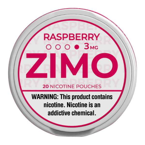 A Raspberry ZIMO Nicotine Pouches can featuring raspberry-themed branding and modern, vibrant design. by Vape4Less.