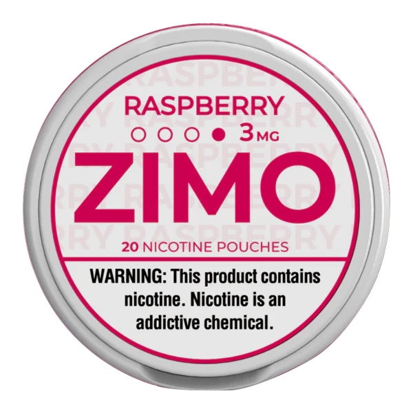 A Raspberry ZIMO Nicotine Pouches can featuring raspberry-themed branding and modern, vibrant design. by Vape4Less.