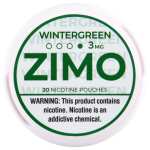 A Wintergreen ZIMO Nicotine Pouches can featuring wintergreen mint-themed branding and modern design. by Vape4Less.
