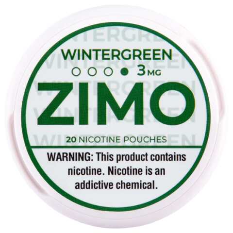 A Wintergreen ZIMO Nicotine Pouches can featuring wintergreen mint-themed branding and modern design. by Vape4Less.