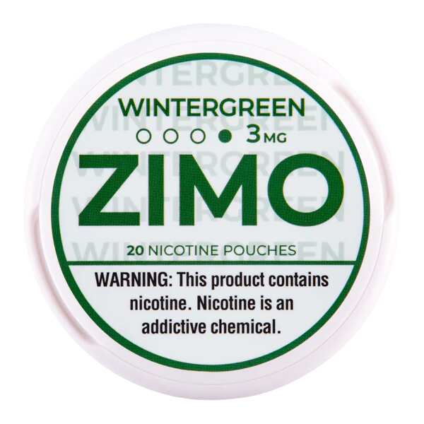A Wintergreen ZIMO Nicotine Pouches can featuring wintergreen mint-themed branding and modern design. by Vape4Less.