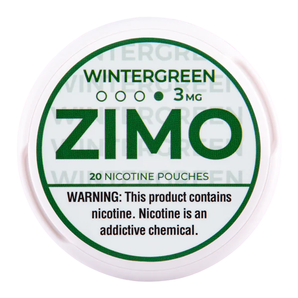 A Wintergreen ZIMO Nicotine Pouches can featuring wintergreen mint-themed branding and modern design. by Vape4Less.