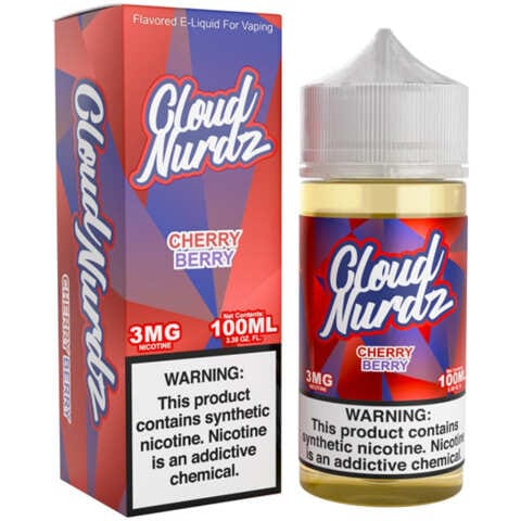 A 100ml Cherry Berry Cloud Nurdz 100ml e-liquid bottle with cherry and mixed berry candy. by Vape4Less.