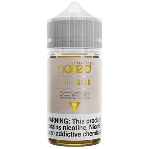 A 60ml bottle of Euro Gold Naked 100 60mL e-liquid bottle by Vape4Less.