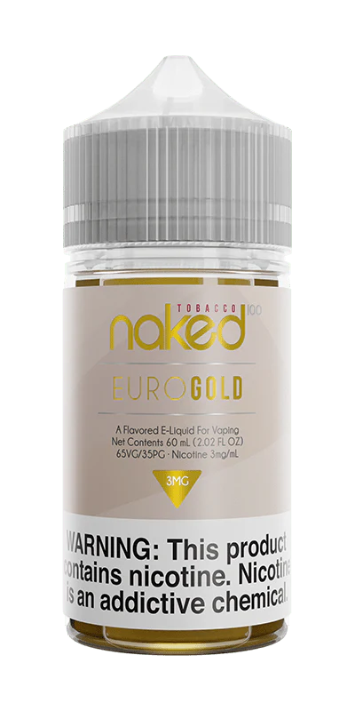 A 60ml bottle of Euro Gold Naked 100 60mL e-liquid bottle by Vape4Less.