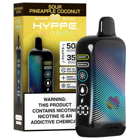A Sour Pineapple Coconut Hyppe Infiniti 50K disposable vape with tropical pineapple and coconut flavor graphics on white background. by Vape4Less.