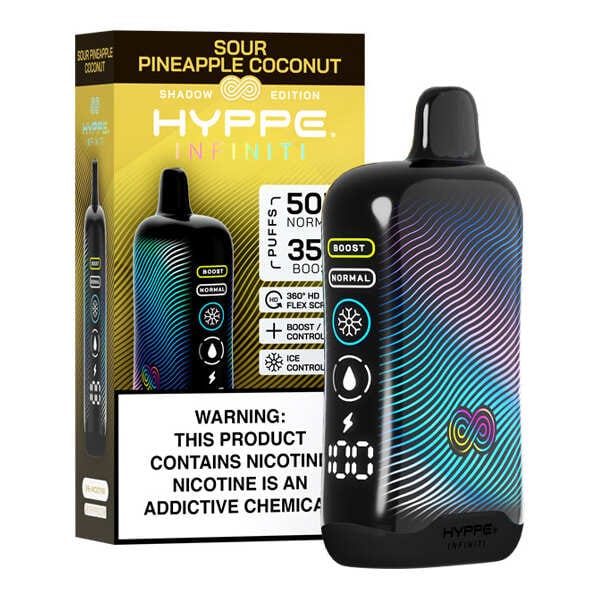 A Sour Pineapple Coconut Hyppe Infiniti 50K disposable vape with tropical pineapple and coconut flavor graphics on white background. by Vape4Less.