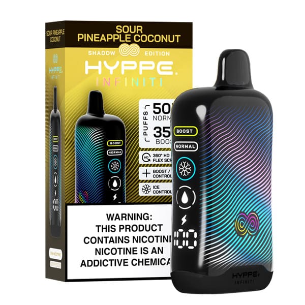 A Sour Pineapple Coconut Hyppe Infiniti 50K disposable vape with tropical pineapple and coconut flavor graphics on white background. by Vape4Less.