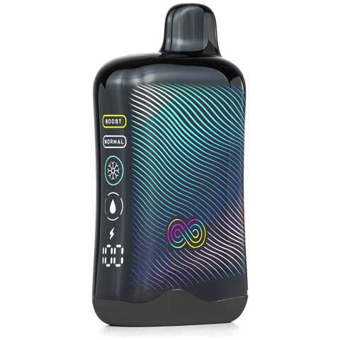 A Black Currant Razz Hyppe Infiniti 50K disposable vape with dark berry-themed graphics and digital display on white background. by Vape4Less.