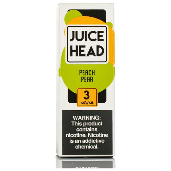 A 100ml bottle of Peach Pear Juice Head e-liquid bottle featuring peach and pear fruit artwork on the label. by Vape4Less.
