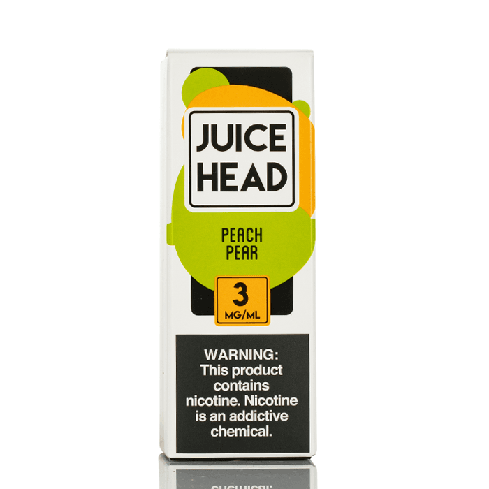 A 100ml bottle of Peach Pear Juice Head e-liquid bottle featuring peach and pear fruit artwork on the label. by Vape4Less.