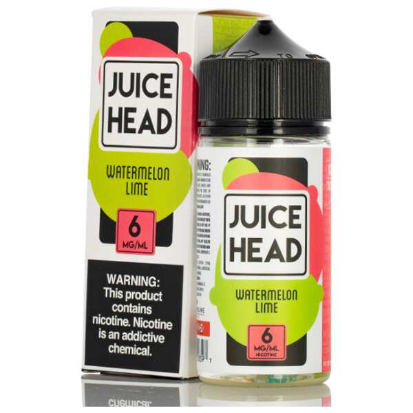 A 100ml bottle of Watermelon Lime Juice Head e-liquid bottle featuring watermelon and lime fruit artwork on the label. by Vape4Less.