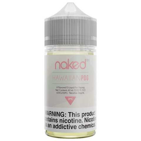 A 60ml bottle of Hawaiian POG Naked 100 60mL e-liquid bottle by Vape4Less.