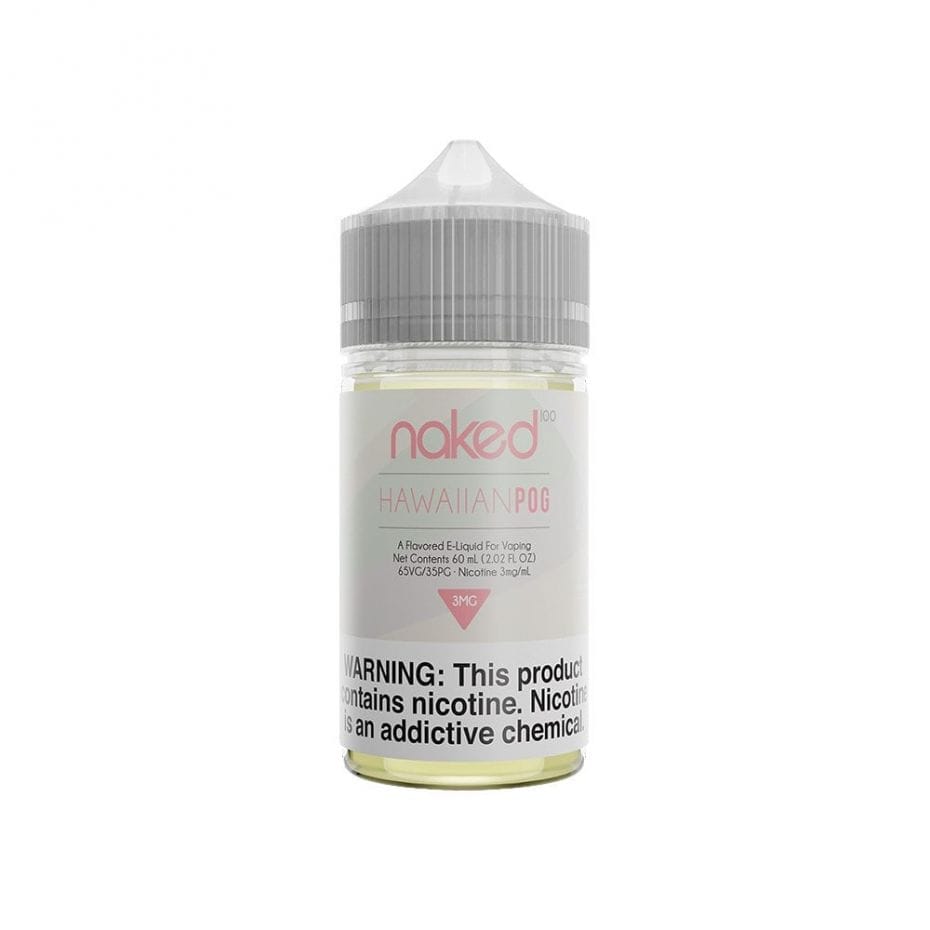 A 60ml bottle of Hawaiian POG Naked 100 60mL e-liquid bottle by Vape4Less.