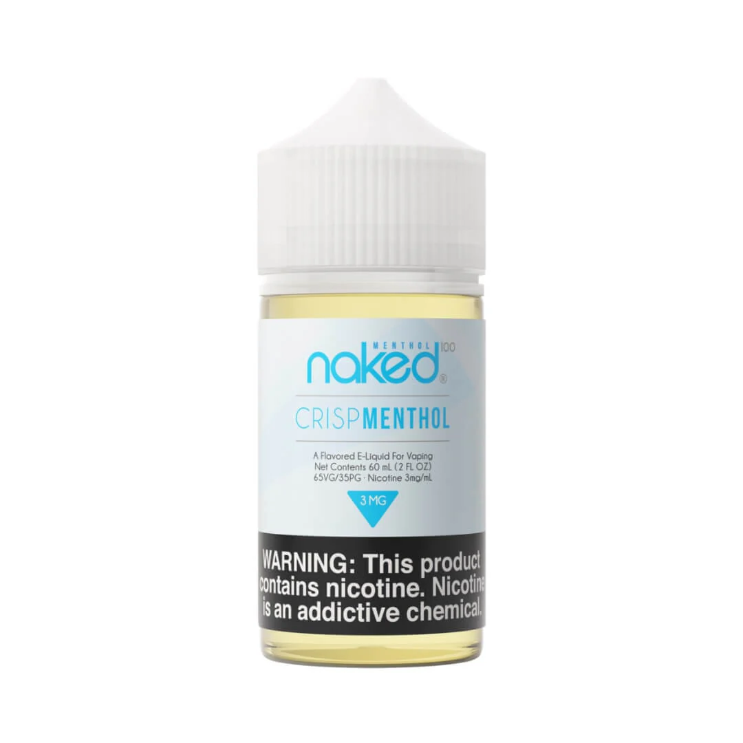 A 60ml bottle of Crisp Menthol Naked 100 vape juice 60mL by Vape4Less.