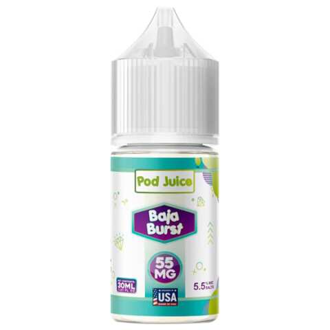 A 30ml bottle of Baja Burst Pod Juice e-liquid bottle featuring vibrant green citrus-inspired label design. by Vape4Less.