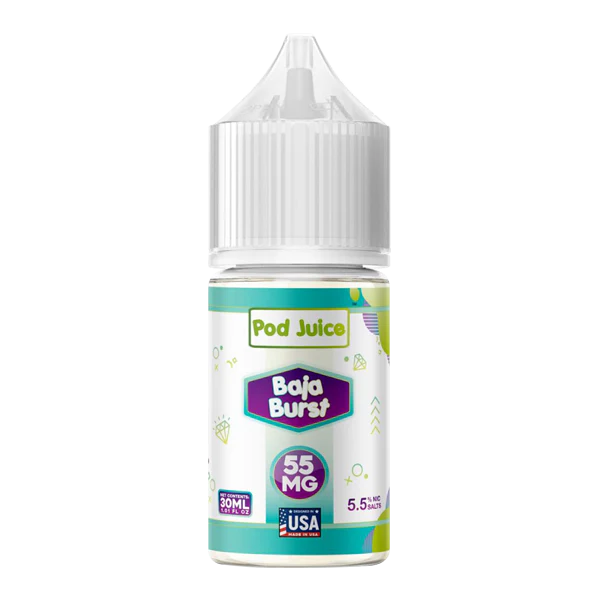 A 30ml bottle of Baja Burst Pod Juice e-liquid bottle featuring vibrant green citrus-inspired label design. by Vape4Less.