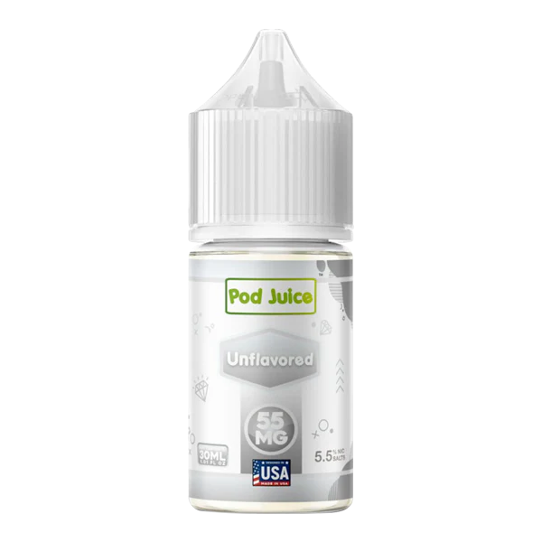 pod-juice_Unflavored_600x600_b9a23280-61be-4549-a147-6f3c82d200b6 A 30ml bottle of Unflavored Pod Juice e-liquid offers a clean, flavorless nicotine salt vape designed for smooth performance in pod systems. by Vape4Less.