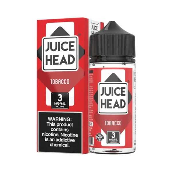 A 100ml bottle of Tobacco Juice Head e-liquid bottle featuring classic tobacco-themed label artwork. by Vape4Less.