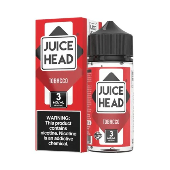 A 100ml bottle of Tobacco Juice Head e-liquid bottle featuring classic tobacco-themed label artwork. by Vape4Less.
