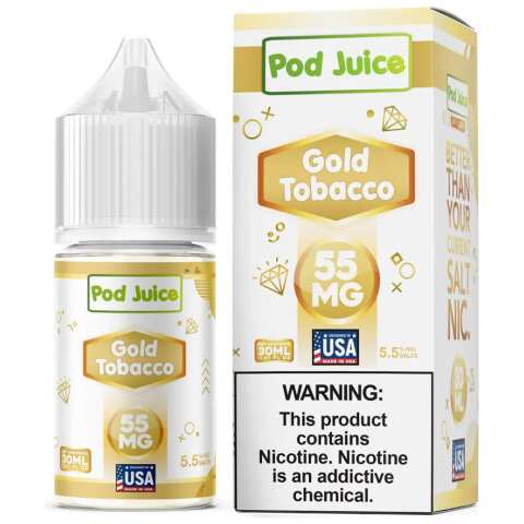 A 30ml bottle of Gold Tobacco Pod Juice tobacco flavor e-liquid by Vape4Less.