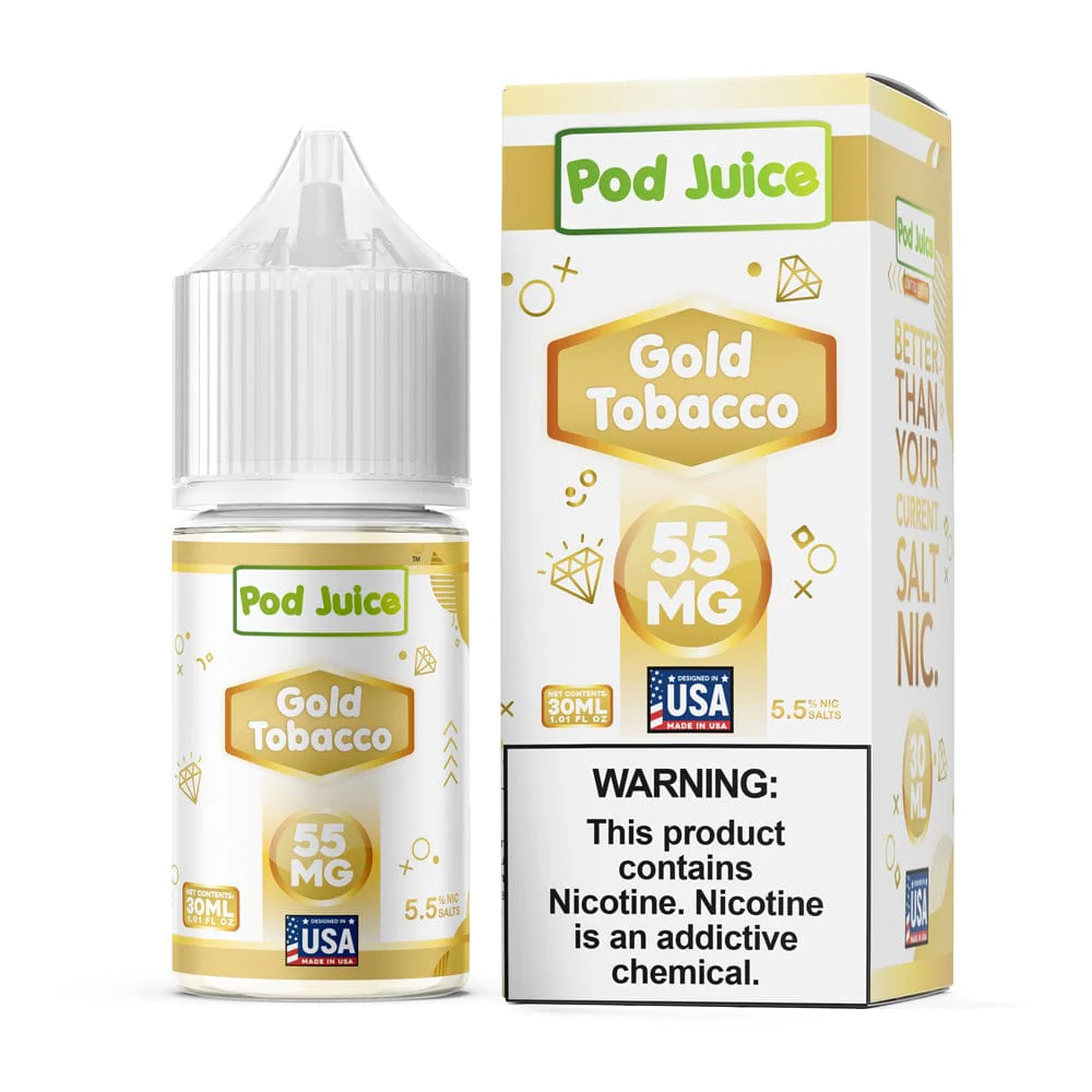 A 30ml bottle of Gold Tobacco Pod Juice tobacco flavor e-liquid by Vape4Less.