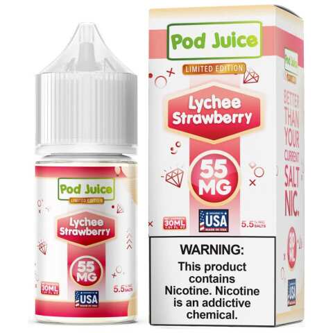 A 30ml bottle of Lychee Strawberry Pod Juice vape flavor by Vape4Less.