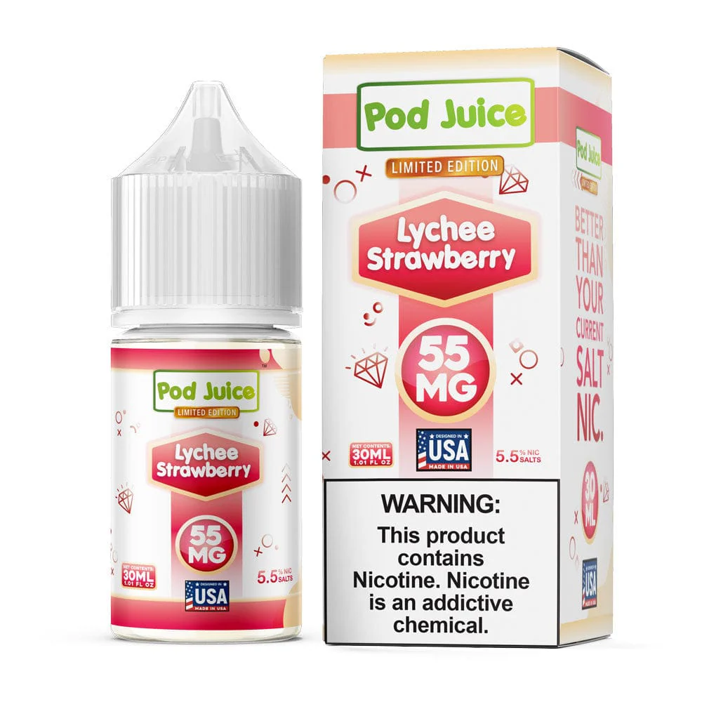 A 30ml bottle of Lychee Strawberry Pod Juice vape flavor by Vape4Less.