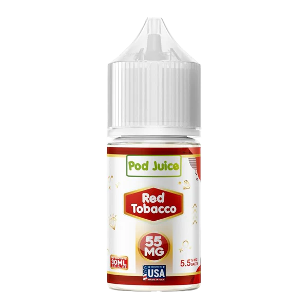 A 30ml bottle of Red Tobacco Pod Juice bold tobacco e-liquid by Vape4Less.