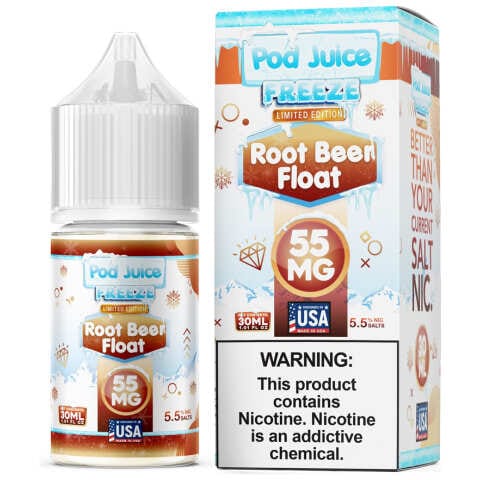 A 30ml bottle of Freeze Root Beer Float Pod Juice vape flavor by Vape4Less.