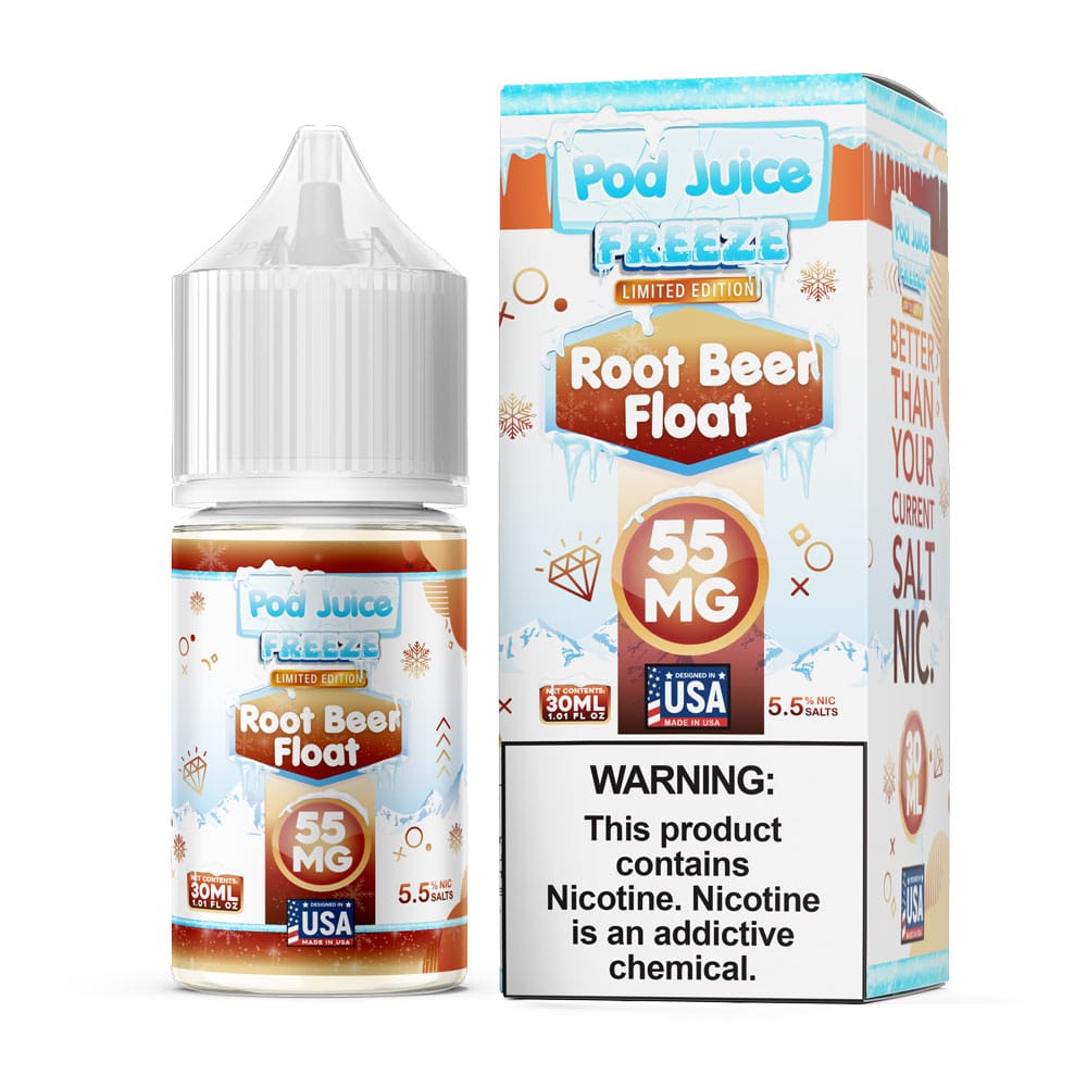 A 30ml bottle of Freeze Root Beer Float Pod Juice vape flavor by Vape4Less.