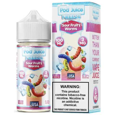 A 30ml bottle of Sour Fruity Worms Freeze Pod Juice candy flavor e-liquid by Vape4Less.