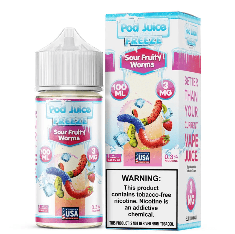 A 30ml bottle of Sour Fruity Worms Freeze Pod Juice candy flavor e-liquid by Vape4Less.