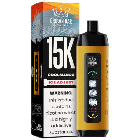 Cool Mango Al Fakher Crown Bar Ice Adjust 15K disposable vape with mango graphics and smart display on white background.
