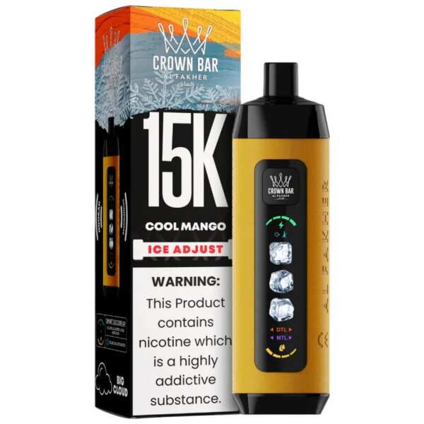 Cool Mango Al Fakher Crown Bar Ice Adjust 15K disposable vape with mango graphics and smart display on white background.
