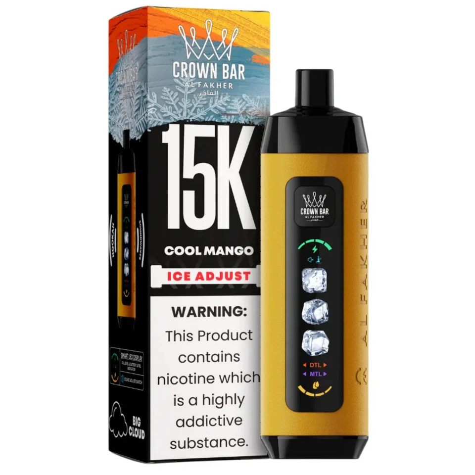 Cool Mango Al Fakher Crown Bar Ice Adjust 15K disposable vape with mango graphics and smart display on white background.