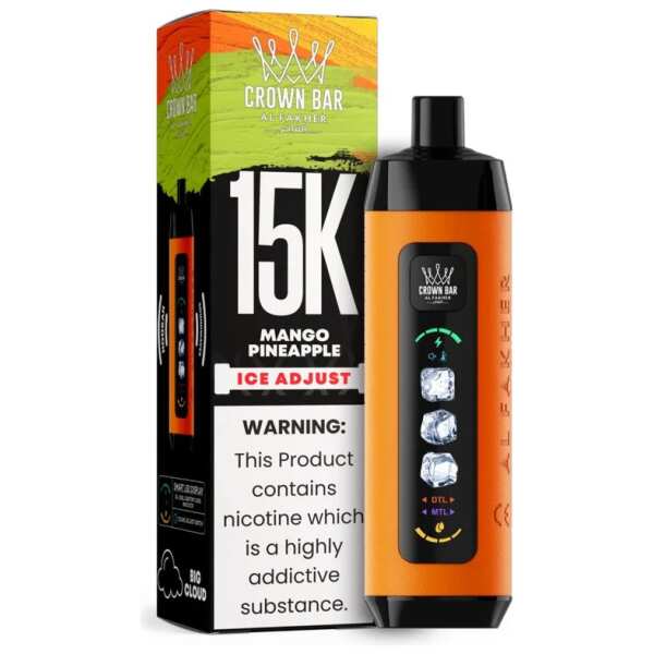 Mango Pineapple Al Fakher Crown Bar Ice Adjust 15K disposable vape with mango and pineapple graphics and smart display on white background.