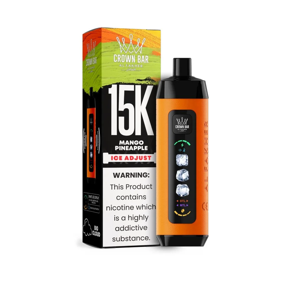 Mango Pineapple Al Fakher Crown Bar Ice Adjust 15K disposable vape with mango and pineapple graphics and smart display on white background.
