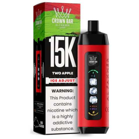 Two Apple Al Fakher Crown Bar Ice Adjust 15K disposable vape with red and green apple graphics and smart display on white background.