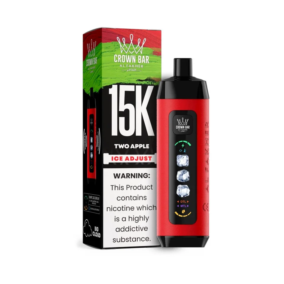 Two Apple Al Fakher Crown Bar Ice Adjust 15K disposable vape with red and green apple graphics and smart display on white background.