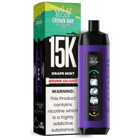 Grape Mint Al Fakher Crown Bar Ice Adjust 15K disposable vape with purple grape graphic and smart screen design on white background.