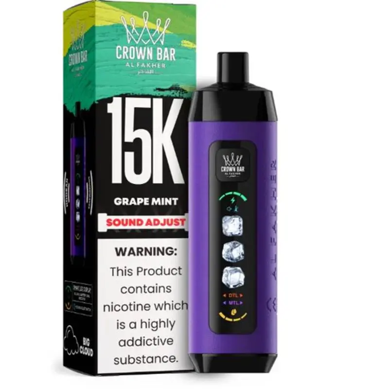 Al-Fakher-Crown-Bar-ICE-Adjust-15k-Al-Fakher-427189066 Grape Mint Al Fakher Crown Bar Ice Adjust 15K disposable vape with purple grape graphic and smart screen design on white background.