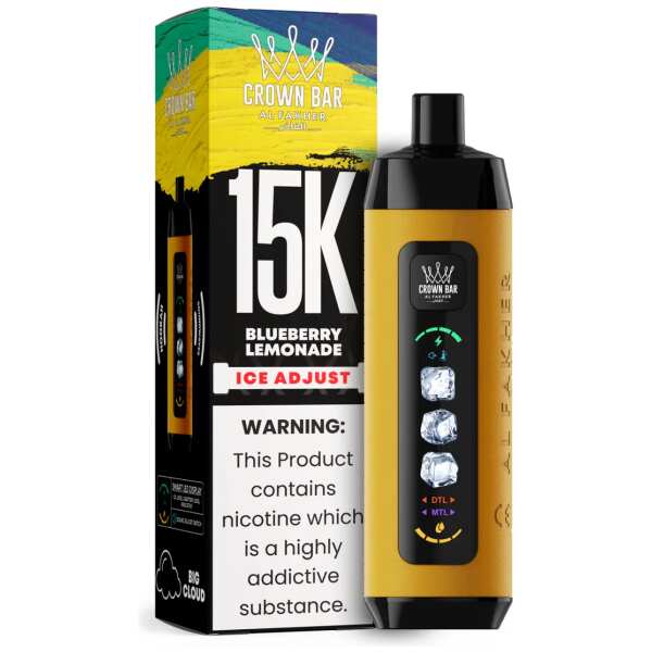 Blueberry Lemonade Al Fakher Crown Bar Ice Adjust 15K disposable vape with blueberry and lemon graphics and smart display on white background.