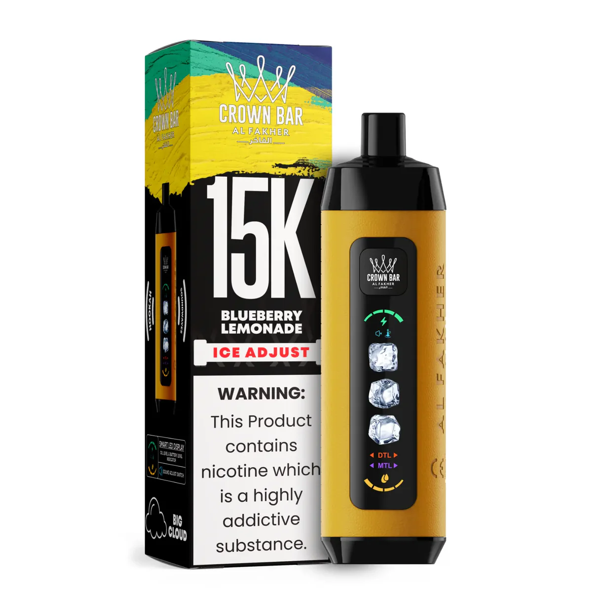Blueberry Lemonade Al Fakher Crown Bar Ice Adjust 15K disposable vape with blueberry and lemon graphics and smart display on white background.
