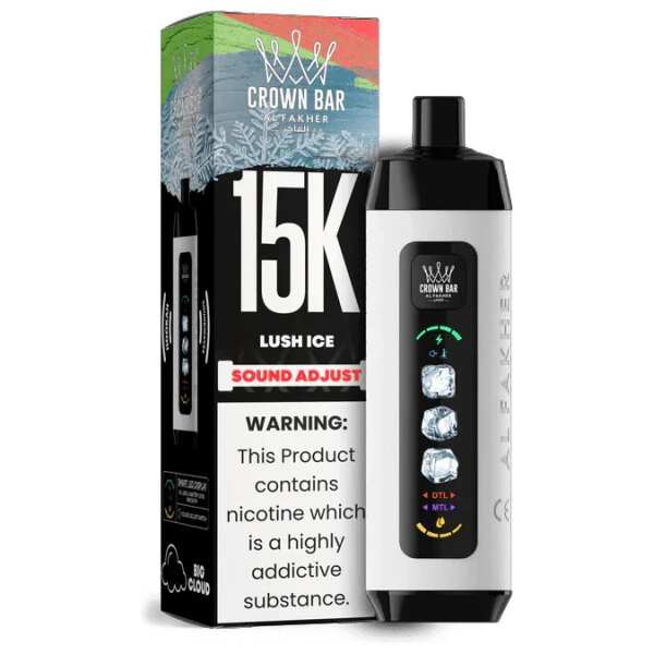 Lush Ice Al Fakher Crown Bar Ice Adjust 15K disposable vape with watermelon graphics and smart display design on white background.